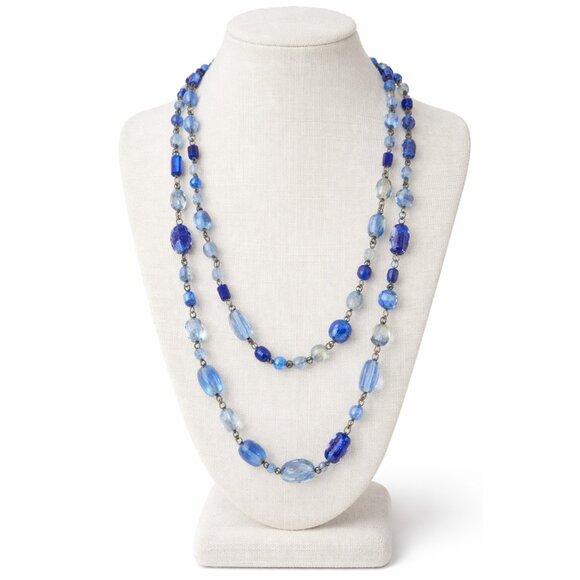 Unbranded Jewelry - Vintage Blue Glass Beaded Long Necklace Multi Strand Look Artisan Boho
